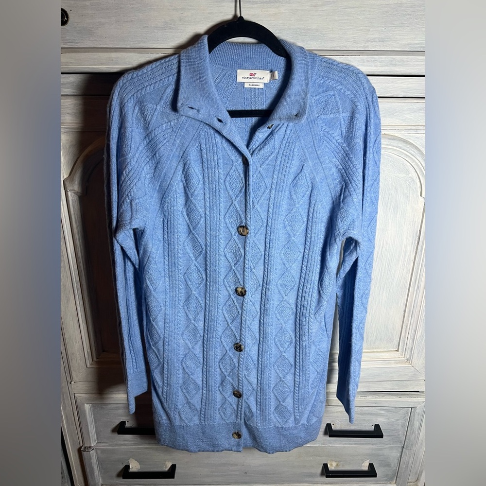 Vineyard Vines Blue Soft Cashmere Cableknit Long Duster Cardigan‎ Preppy Cozy